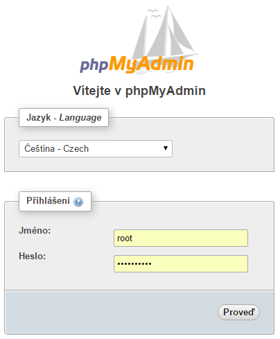 PhpMyAdmin přihlášen&iacute